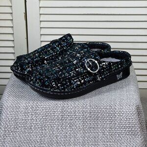 Alegria Brigid Women's Slip-On Tweed Pattern Black/Turq Mules Size 6.5 MSRP $140